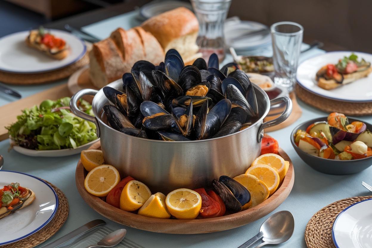 A pot of mussels with crusty bread, salad, and roasted vegetables in a cozy dining setting.